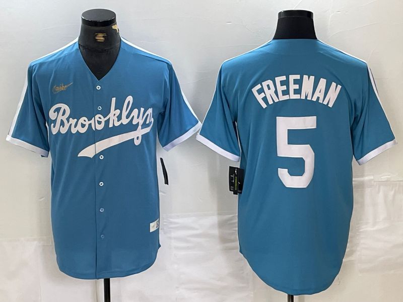 Men Los Angeles Dodgers #5 Freeman Light blue Throwback 2024 Nike MLB Jersey style 1